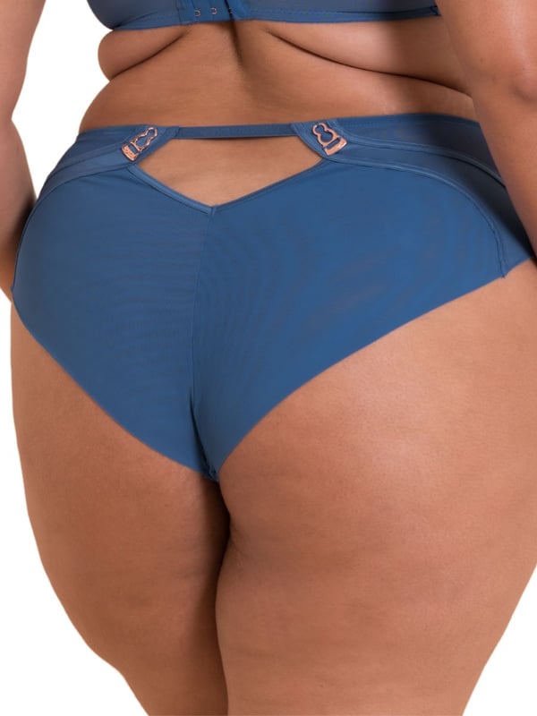 Curvy Kate Scantilly Suspense High Waist Brief. High rise brief with sheer mesh fabric, contouring satin panels, back keyhole detail and rose gold hardware. This product is recommended as hand wash only.
