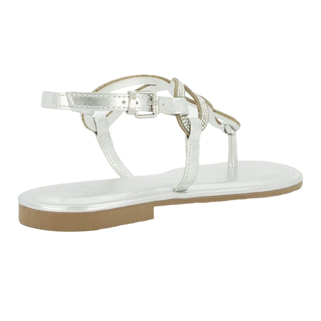 Upper: Synthetic. Outsole: Synthetic. T-Bar, Twist Strap. Flat. Design: Embellished, Tubular. Toe Style: Post. Fastening: Adjustable Buckle, Ankle Strap.