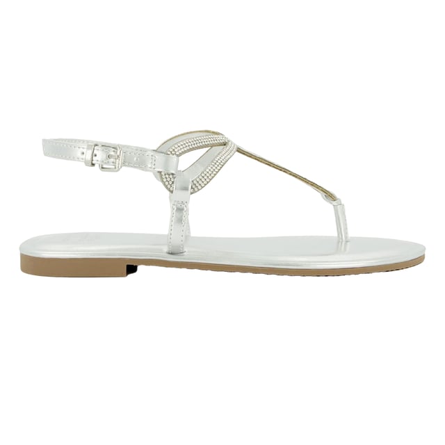 Upper: Synthetic. Outsole: Synthetic. T-Bar, Twist Strap. Flat. Design: Embellished, Tubular. Toe Style: Post. Fastening: Adjustable Buckle, Ankle Strap.