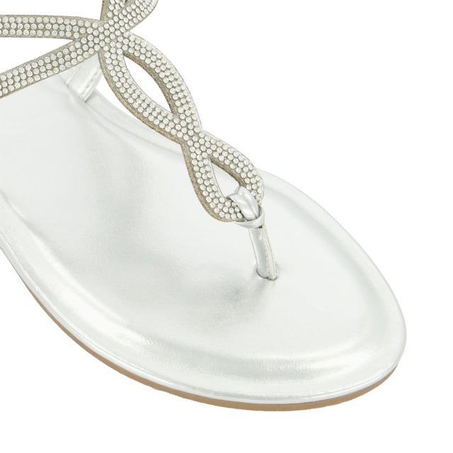 Upper: Synthetic. Outsole: Synthetic. T-Bar, Twist Strap. Flat. Design: Embellished, Tubular. Toe Style: Post. Fastening: Adjustable Buckle, Ankle Strap.