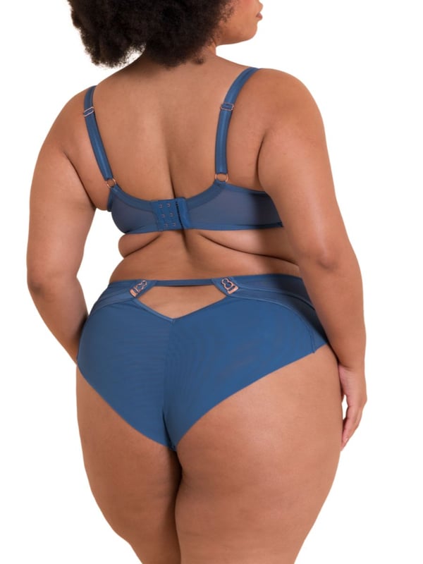 Curvy Kate Scantilly Suspense Plunge Bra. Underwired non-padded plunge bra with sheer mesh cups, satin panels and rose gold hardware. This product is recommended as hand wash only.