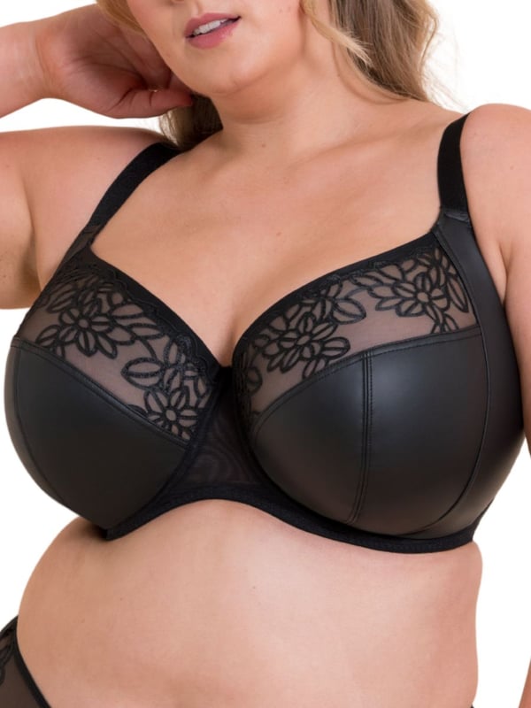 Curvy Kate Enchant Side Support Bra. Non padded balcony bra with graphic floral embroidery, pleather fabric and side support panels for forward projection. The product is recommended for hand wash only.