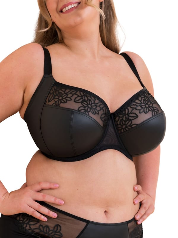 Curvy Kate Enchant Side Support Bra. Non padded balcony bra with graphic floral embroidery, pleather fabric and side support panels for forward projection. The product is recommended for hand wash only.