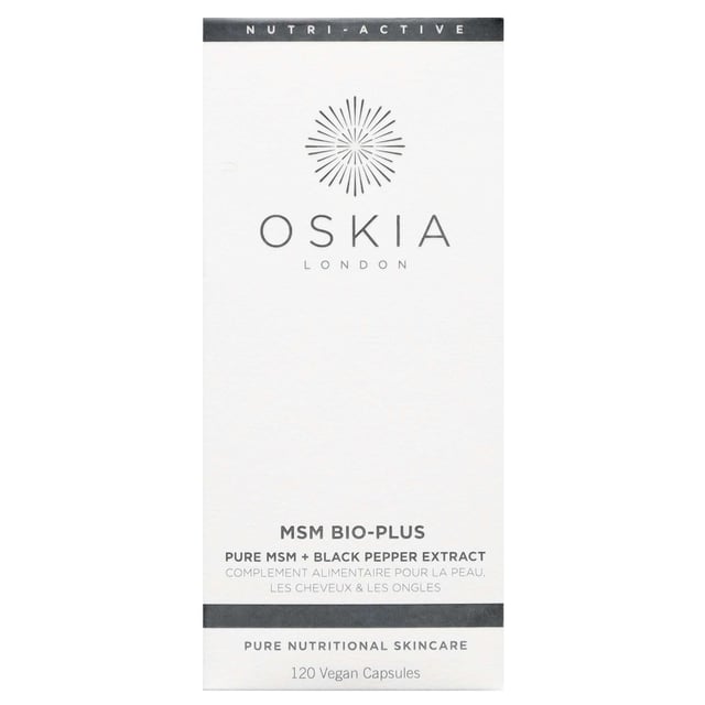Discover Oskia Supplements MSM Bio-Plus, a blend of pure MSM and black pepper extract that supports skin health and boosts the immune system. It helps reduce fine lines and pigmentation while promoting healthy skin, hair, nails, and joints. Ideal for women looking to enhance their beauty routine. Recommended dosage: Take two capsules in the morning and two in the evening with food. Caution: Not suitable for children, pregnant or nursing women, or those on medication without medical advice. Do not exceed the recommended intake.