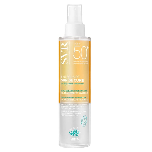 Experience the ultimate in sun protection with SVR Sun Secure Eau Solaire SPF50+. This ultra-lightweight sunscreen offers broad-spectrum UVB and UVA protection, delivering a refreshing, invisible mist that feels weightless on your skin. Suitable for all ages and formulated to be marine-friendly, it is tested for biodegradability and free from endocrine disruptors. Enjoy ethical sun defense that keeps your skin safe and healthy. To apply, shake well and spray generously on all sun-exposed areas each morning, avoiding the eyes.