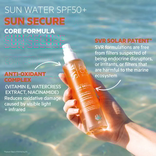 Experience the ultimate in sun protection with SVR Sun Secure Eau Solaire SPF50+. This ultra-lightweight sunscreen offers broad-spectrum UVB and UVA protection, delivering a refreshing, invisible mist that feels weightless on your skin. Suitable for all ages and formulated to be marine-friendly, it is tested for biodegradability and free from endocrine disruptors. Enjoy ethical sun defense that keeps your skin safe and healthy. To apply, shake well and spray generously on all sun-exposed areas each morning, avoiding the eyes.