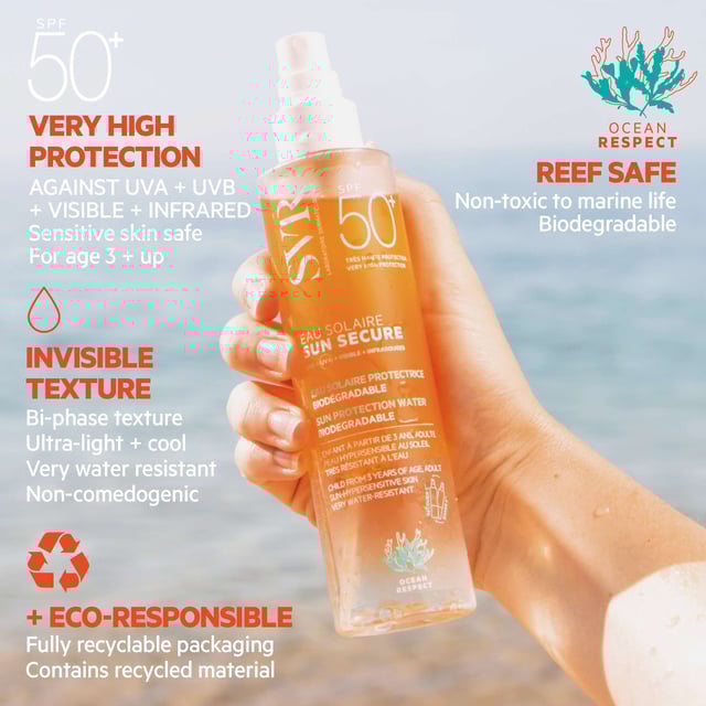 Experience the ultimate in sun protection with SVR Sun Secure Eau Solaire SPF50+. This ultra-lightweight sunscreen offers broad-spectrum UVB and UVA protection, delivering a refreshing, invisible mist that feels weightless on your skin. Suitable for all ages and formulated to be marine-friendly, it is tested for biodegradability and free from endocrine disruptors. Enjoy ethical sun defense that keeps your skin safe and healthy. To apply, shake well and spray generously on all sun-exposed areas each morning, avoiding the eyes.
