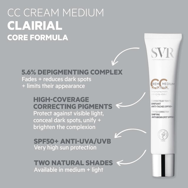 SVR Clairial CC Cream SPF50+ for Hyperpigmentation - 40ml Discover the power of flawless skin with SVR Clairial CC Hyperpigmentation Cream SPF50+. This advanced 3-in-1 formula not only corrects dark spots and hyperpigmentation but also provides high-level SPF50+ protection against harmful UVA, UVB, and visible light. Available in a versatile medium shade, it instantly unifies your complexion for a radiant look. Ideal for daily use, this unisex cream is perfect for anyone seeking a smoother, more even skin tone while staying protected from the sun. Apply generously to your face and neck each morning for best results.