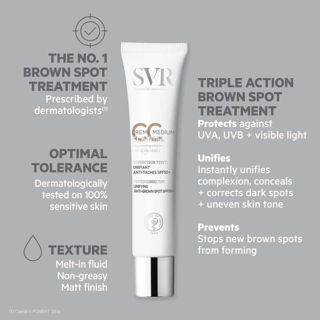 SVR Clairial CC Cream SPF50+ for Hyperpigmentation - 40ml Discover the power of flawless skin with SVR Clairial CC Hyperpigmentation Cream SPF50+. This advanced 3-in-1 formula not only corrects dark spots and hyperpigmentation but also provides high-level SPF50+ protection against harmful UVA, UVB, and visible light. Available in a versatile medium shade, it instantly unifies your complexion for a radiant look. Ideal for daily use, this unisex cream is perfect for anyone seeking a smoother, more even skin tone while staying protected from the sun. Apply generously to your face and neck each morning for best results.