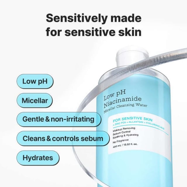 Experience gentle cleansing with Cosrx Low pH Niacinamide Micellar Cleansing Water. This 400ml makeup remover is perfect for sensitive skin, effortlessly cleansing while hydrating. Infused with niacinamide, it effectively removes makeup and excess oil, leaving your skin calm and refreshed. Ideal for a no-rinse routine or as part of a double cleansing regimen, it ensures a clear and balanced complexion. Plus, it's cruelty-free! To use, simply apply to a cotton pad and wipe across your skin for a clean and rejuvenated feel.