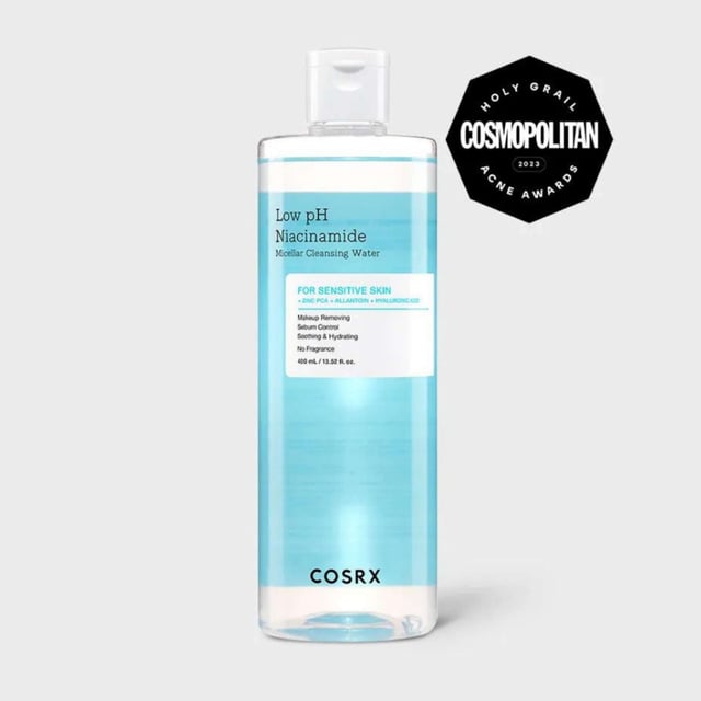Experience gentle cleansing with Cosrx Low pH Niacinamide Micellar Cleansing Water. This 400ml makeup remover is perfect for sensitive skin, effortlessly cleansing while hydrating. Infused with niacinamide, it effectively removes makeup and excess oil, leaving your skin calm and refreshed. Ideal for a no-rinse routine or as part of a double cleansing regimen, it ensures a clear and balanced complexion. Plus, it's cruelty-free! To use, simply apply to a cotton pad and wipe across your skin for a clean and rejuvenated feel.