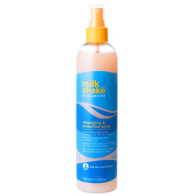 Introducing the milk_shake Sun&More Detangling and Protective Spray, designed for all hair types. This innovative leave-in conditioning spray features a detangling formula enriched with a UV filter, helping to preserve your hair's natural vitality even under the sun's harsh rays. Perfect for summer, this spray not only protects your hair but also leaves it smooth and manageable. For optimal results, pair it with other products from the milk_shake range to keep your hair looking healthy and radiant all season long. Experience the ultimate in summer hair protection!