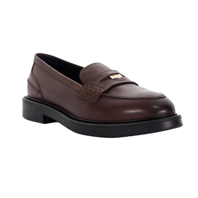 Marke: Dune London. Obermaterial: Leder. Laufsohle: Gummi. Absatz: Niedriger Absatz. Niedrig geschnitten. Design: Metal Logo, Unifarben. Zehenstil: Rund. Zum Anschlüpfen.