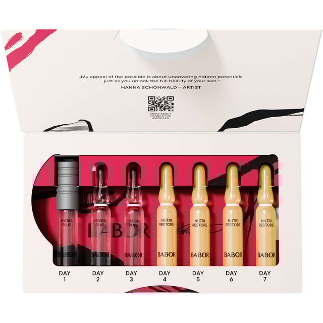 BABOR Hydra Nourishing Ampoules Set for Radiant Skin Experience the ultimate hydration with the BABOR Hydra Nourishing Ampoules Set. This unisex treatment series transforms your skin in just 7 days, leaving it optimally moisturized and nourished. The Hydra Plus ampoule features low-molecular hyaluronic acid and ProVitamin B5 for instant hydration, while the Nutri Restore ampoule provides a powerful blend of micronutrients for healthy, glowing skin. Ectoin strengthens your skin barrier, and nourishing squalane and argan oil enhance suppleness. Set includes 4 x 2ml Nutri Restore and 3 x 2ml Hydra Plus ampoules.