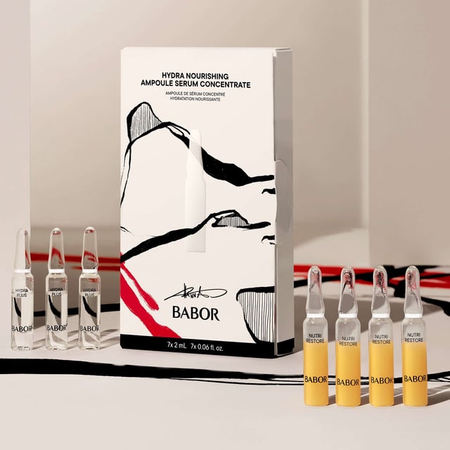 BABOR Hydra Nourishing Ampoules Set for Radiant Skin Experience the ultimate hydration with the BABOR Hydra Nourishing Ampoules Set. This unisex treatment series transforms your skin in just 7 days, leaving it optimally moisturized and nourished. The Hydra Plus ampoule features low-molecular hyaluronic acid and ProVitamin B5 for instant hydration, while the Nutri Restore ampoule provides a powerful blend of micronutrients for healthy, glowing skin. Ectoin strengthens your skin barrier, and nourishing squalane and argan oil enhance suppleness. Set includes 4 x 2ml Nutri Restore and 3 x 2ml Hydra Plus ampoules.