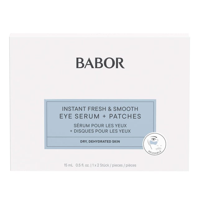 Revitalize your eyes with the BABOR Skinovage Instant Fresh & Smooth Eye Serum and Patches set. This duo features a 15ml eye serum that delivers intense moisture for refreshed and smooth skin. The reusable silicone eye patches enhance the serum's effects by providing an occlusive layer for added hydration. With soothing aloe vera and plumping hyaluronic acid, this treatment is ideal for women seeking a youthful glow. Experience the firming effect and elevate your skincare routine!
