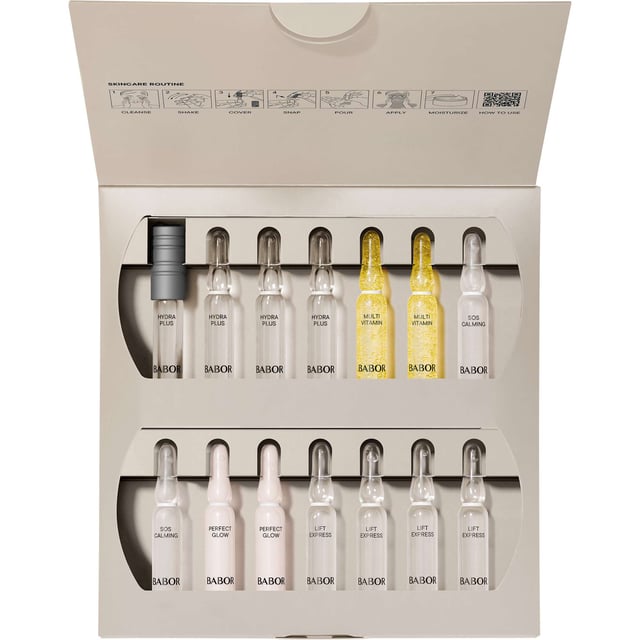 Discover the BABOR Perfect Skin Collection featuring 14 expertly crafted ampoules designed to transform your skin. This comprehensive 14-day treatment harnesses the power of potent active ingredients to moisturize, repair, rejuvenate, and combat aging. Each ampoule targets specific skin needs: from intense hydration with the HYDRA PLUS ampoules, to revitalizing energy with the MULTI VITAMIN, soothing relief from the SOS CALMING, achieving a luminous glow with the PERFECT GLOW, and powerful anti-wrinkle effects with LIFT EXPRESS. Experience visibly healthier skin with this luxurious set.
