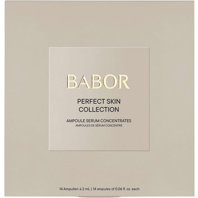 Discover the BABOR Perfect Skin Collection featuring 14 expertly crafted ampoules designed to transform your skin. This comprehensive 14-day treatment harnesses the power of potent active ingredients to moisturize, repair, rejuvenate, and combat aging. Each ampoule targets specific skin needs: from intense hydration with the HYDRA PLUS ampoules, to revitalizing energy with the MULTI VITAMIN, soothing relief from the SOS CALMING, achieving a luminous glow with the PERFECT GLOW, and powerful anti-wrinkle effects with LIFT EXPRESS. Experience visibly healthier skin with this luxurious set.