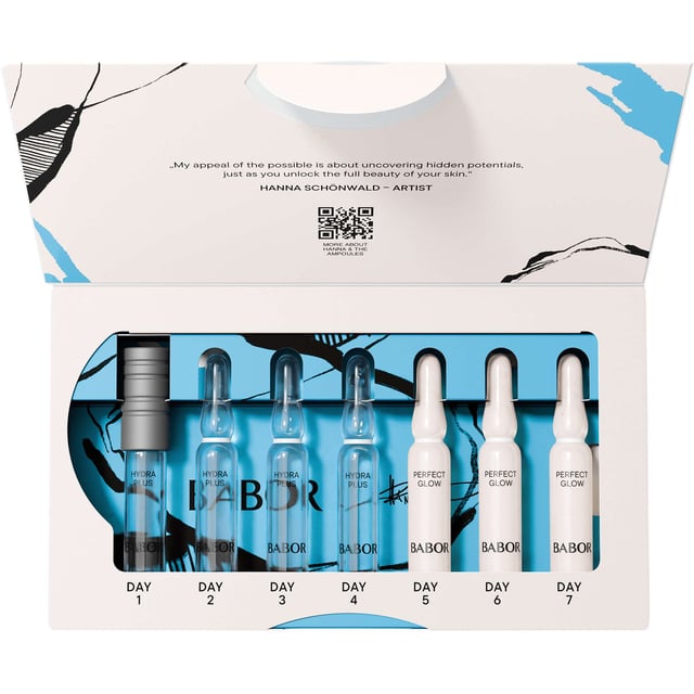 BABOR Hydra Glow Ampoules Set for Radiant Skin Experience ultimate hydration with the BABOR Hydra Glow Ampoules Set, designed to transform your skin in just 7 days. Featuring low-molecular hyaluronic acid and ProVitamin B5, this set deeply moisturizes and plumps the skin, reducing dryness and fine lines. The Perfect Glow active ingredients enhance your complexion, making your skin smoother and more radiant. Regular use will even your skin tone, refine pores, and give a fresh, rosy appearance. This set includes four 2ml BABOR Hydra Plus ampoules and three 2ml BABOR Perfect Glow ampoules, suitable for all skin types.