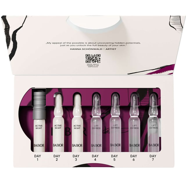 BABOR Overnight Lift Ampoules Set for Youthful Skin Experience rejuvenated, smoother skin in just 7 days with the BABOR Overnight Lift Ampoules Set. This treatment features active ingredients that regenerate your skin, strengthen its barrier, and reduce wrinkles while you sleep. Enjoy hydration and resilience against daily stressors. The Lift Express formula offers anti-wrinkle benefits, delivering visibly smoother skin for hours. The set includes four 2ml BABOR Lift Express ampoules and three 2ml BABOR Active Night ampoules, perfect for achieving a radiant complexion.