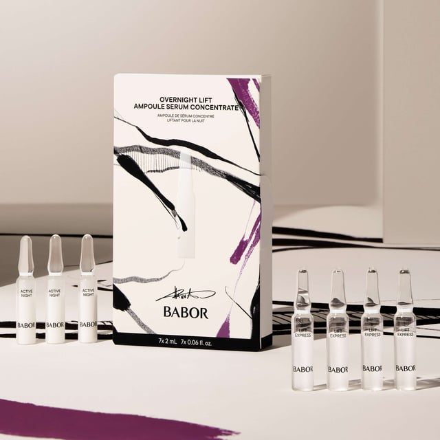 BABOR Overnight Lift Ampoules Set for Youthful Skin Experience rejuvenated, smoother skin in just 7 days with the BABOR Overnight Lift Ampoules Set. This treatment features active ingredients that regenerate your skin, strengthen its barrier, and reduce wrinkles while you sleep. Enjoy hydration and resilience against daily stressors. The Lift Express formula offers anti-wrinkle benefits, delivering visibly smoother skin for hours. The set includes four 2ml BABOR Lift Express ampoules and three 2ml BABOR Active Night ampoules, perfect for achieving a radiant complexion.