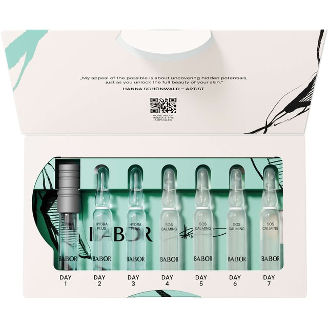 Experience the ultimate in skin soothing with the BABOR Hydra Sensitive Ampoules Set. This intensive treatment series enhances hydration and revitalizes your skin in just 7 days. The Hydra Plus ampoule features low-molecular hyaluronic acid and ProVitamin B5 to combat dryness, while the SOS Calming complex with aloe vera effectively alleviates redness and tightness. Ideal as an aftersun treatment, this unisex set includes four 2ml BABOR SOS Calming ampoules and three 2ml BABOR Hydra Plus ampoules, perfect for restoring your skin's natural balance.