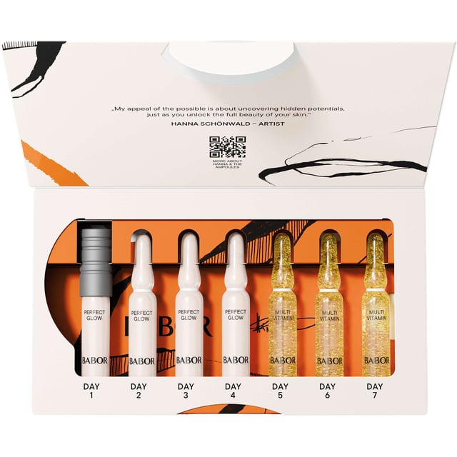 Transform your skin in just 7 days with the BABOR Vitamin Glow Ampoule Set. This luxurious treatment is packed with a powerful blend of vitamins A, C, E, B5, B3, calcium, and biotin, designed to rejuvenate and enhance your complexion. Experience a visible reduction in fine lines and achieve smoother, healthier-looking skin. Regular use helps even out skin tone and refine pores, leaving you with a fresh, rosy glow. This set includes 4 x 2ml BABOR Perfect Glow ampoules and 3 x 2ml BABOR Multi-Vitamin ampoules. Suitable for all skin types.