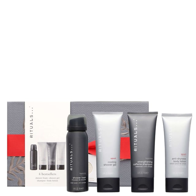 Discover the Rituals Homme Small Gift Set, a luxurious collection designed for the modern man. This set includes a 70ml Rituals Sport Anti-Dryness Body Lotion, a 50ml Rituals Homme Shower Foam, a 70ml Rituals Homme Strengthening Caffeine Shampoo, and a 70ml Rituals Sport Cooling Shower Gel. Each product is crafted to nourish, refresh, and energize your skin and hair. Enjoy the invigorating scents of bergamot, cedar, and mint while indulging in a revitalizing shower experience. Perfect as a gift or a personal treat, this set is ideal for any man who values quality self-care.