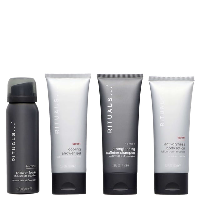 Discover the Rituals Homme Small Gift Set, a luxurious collection designed for the modern man. This set includes a 70ml Rituals Sport Anti-Dryness Body Lotion, a 50ml Rituals Homme Shower Foam, a 70ml Rituals Homme Strengthening Caffeine Shampoo, and a 70ml Rituals Sport Cooling Shower Gel. Each product is crafted to nourish, refresh, and energize your skin and hair. Enjoy the invigorating scents of bergamot, cedar, and mint while indulging in a revitalizing shower experience. Perfect as a gift or a personal treat, this set is ideal for any man who values quality self-care.