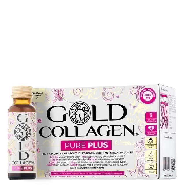 Experience radiant skin with Gold Collagen Pure Plus Liquid Supplement, designed for women aged 30 and above. This blend features 11 active ingredients, including hydrolysed collagen, hyaluronic acid, and vitamins, formulated to enhance skin health. The peach-flavored liquid ensures maximum absorption with the NUTRIGLOW® complex. Benefits include improved skin, hair, and nails, plus boosted energy and immunity. For optimal results, consume one bottle daily for three weeks for hydration, six weeks for smoothness, and nine weeks for firmness.