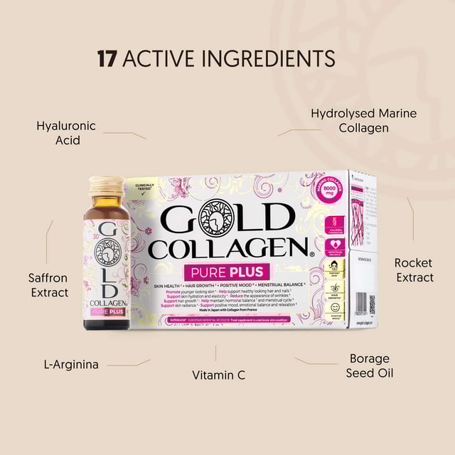 Experience radiant skin with Gold Collagen Pure Plus Liquid Supplement, designed for women aged 30 and above. This blend features 11 active ingredients, including hydrolysed collagen, hyaluronic acid, and vitamins, formulated to enhance skin health. The peach-flavored liquid ensures maximum absorption with the NUTRIGLOW® complex. Benefits include improved skin, hair, and nails, plus boosted energy and immunity. For optimal results, consume one bottle daily for three weeks for hydration, six weeks for smoothness, and nine weeks for firmness.