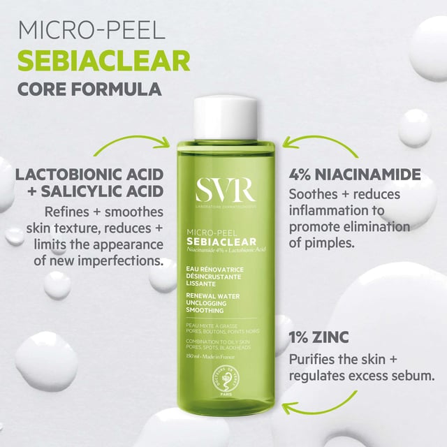 Experience the SVR Sebiaclear Micro-Peel Unclogging Renewal Essence, a gentle PHA exfoliating treatment designed for sensitive, combination-oily, and acne-prone skin. This effective essence purifies and unclogs pores, promoting refined skin texture for a visibly smoother, clearer complexion. Enjoy a refreshing and balanced feeling that enhances your natural beauty. For best results, apply with a cotton pad on your face each morning and/or evening after cleansing. Perfect for daily use, this skincare essential will help you achieve healthier-looking skin.