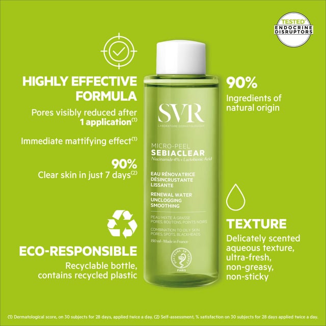 Experience the SVR Sebiaclear Micro-Peel Unclogging Renewal Essence, a gentle PHA exfoliating treatment designed for sensitive, combination-oily, and acne-prone skin. This effective essence purifies and unclogs pores, promoting refined skin texture for a visibly smoother, clearer complexion. Enjoy a refreshing and balanced feeling that enhances your natural beauty. For best results, apply with a cotton pad on your face each morning and/or evening after cleansing. Perfect for daily use, this skincare essential will help you achieve healthier-looking skin.