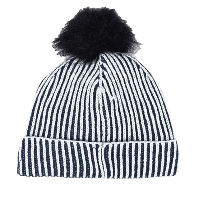 Dare 2B Ding muts voor kinderen (Blauw) 50% Acryl, 50% Polyester. Voering: Fleece. Stof: Gebreid. Ontwerp: Streep. Bobble van imitatiebont, omgeslagen manchet.