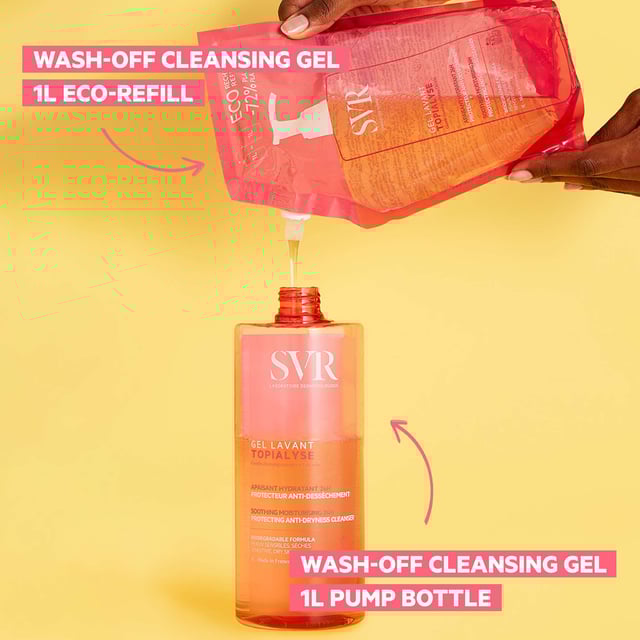 Discover the ultimate cleansing experience with SVR Topialyse Soothing Cleansing Gel. Specially formulated for dry and sensitive skin, this 1000ml gel hydrates and soothes while gently cleansing your skin. Its soap-free, pH-neutral, and hypoallergenic formula ensures comfort for the whole family. Use it for face, body, hair, scalp, and intimate hygiene without worrying about eye irritation. Perfect for daily use in the shower or bath—simply apply to wet skin, lather, rinse, and pat dry for soft and balanced skin. Experience 24-hour hydration and comfort with every wash.