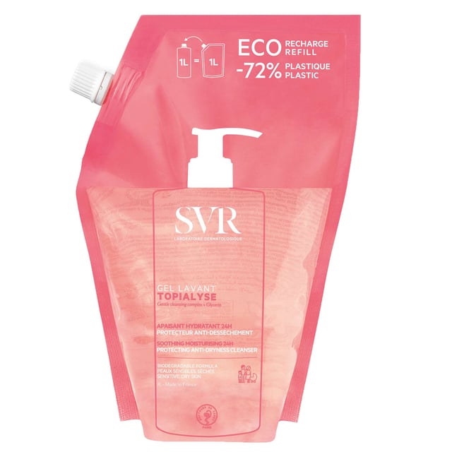 Experience the gentle cleansing power of SVR Topialyse Soothing Cleansing Gel Refill, specially formulated for dry and sensitive skin. This 1000ml refill offers a soap-free, pH-neutral solution that hydrates and soothes, ensuring your skin feels soft and balanced throughout the day. Ideal for use on the face, body, hair, scalp, and intimate areas, it is hypoallergenic and won't irritate your eyes, making it suitable for the entire family. Embrace an eco-friendly choice while keeping your bathroom stocked with your favorite cleansing gel.