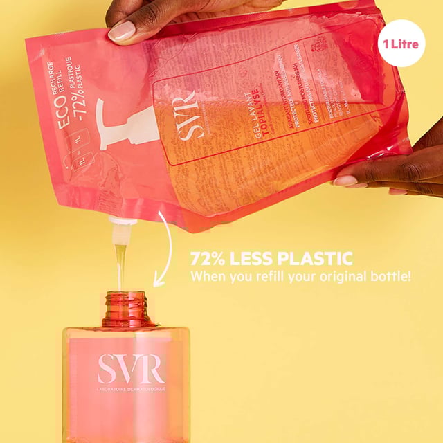 Experience the gentle cleansing power of SVR Topialyse Soothing Cleansing Gel Refill, specially formulated for dry and sensitive skin. This 1000ml refill offers a soap-free, pH-neutral solution that hydrates and soothes, ensuring your skin feels soft and balanced throughout the day. Ideal for use on the face, body, hair, scalp, and intimate areas, it is hypoallergenic and won't irritate your eyes, making it suitable for the entire family. Embrace an eco-friendly choice while keeping your bathroom stocked with your favorite cleansing gel.