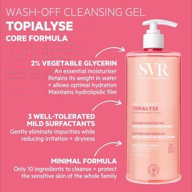Experience the gentle cleansing power of SVR Topialyse Soothing Cleansing Gel Refill, specially formulated for dry and sensitive skin. This 1000ml refill offers a soap-free, pH-neutral solution that hydrates and soothes, ensuring your skin feels soft and balanced throughout the day. Ideal for use on the face, body, hair, scalp, and intimate areas, it is hypoallergenic and won't irritate your eyes, making it suitable for the entire family. Embrace an eco-friendly choice while keeping your bathroom stocked with your favorite cleansing gel.