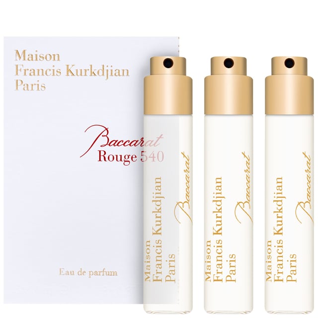 Maison Francis Kurkdjian Baccarat Rouge 540 Eau de Parfum Spray Refills - Set of 3 - 11 ml Experience the luxurious allure of Maison Francis Kurkdjian Baccarat Rouge 540 Eau de Parfum Spray Refills. This exquisite unisex fragrance combines earthy woods and rich amber to create a captivating aroma. The top notes feature a lavish blend of saffron and jasmine, while the heart reveals warm amberwood and ambergris. Finally, the scent settles into a base of fir resin and cedar for a lasting impression. Perfect for fragrance enthusiasts, this set of three 11 ml refills ensures you can indulge in this iconic scent anytime.