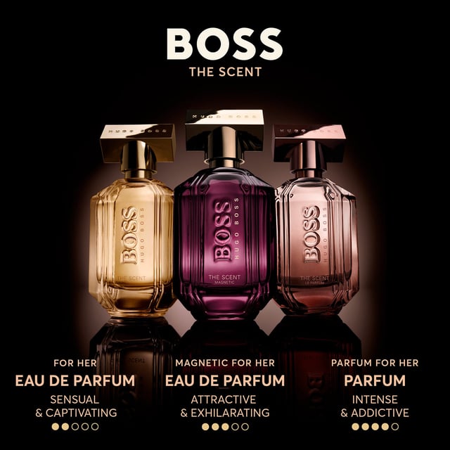 Unleash your allure with HUGO BOSS The Scent Magnetic Eau de Parfum for Women. This captivating fragrance features an intensified blend of seductive notes, with dark Osmanthus flower igniting passion. The heart reveals velvety ambrette seeds, drawing you into a magnetic embrace, while pure white musk elevates the scent to extraordinary heights. Encased in a stunning diamond-shaped bottle with a deep purple hue and luxurious gold cap, this long-lasting perfume is ideal for women seeking to leave a lasting impression. Experience the essence of seduction.