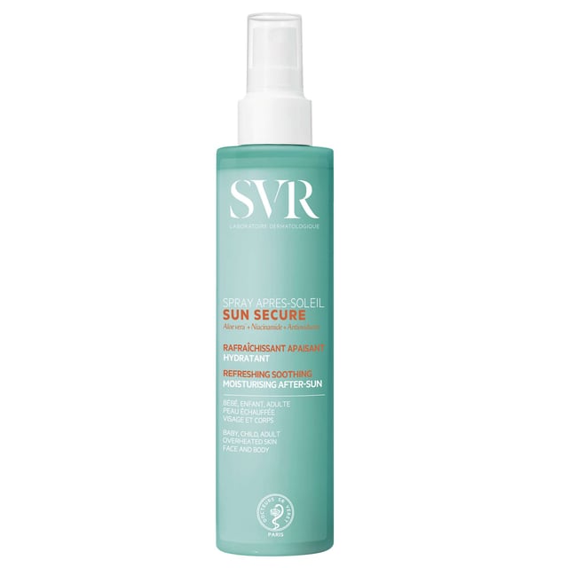 SVR Sun Secure Refreshing Soothing Moisturising Aftersun Spray - 200ml Revitalize your skin with SVR Sun Secure Refreshing Soothing Moisturising Aftersun Spray. This 200ml cooling mist is designed to soothe and hydrate your skin after sun exposure. Infused with nourishing niacinamide and calming aloe vera extract, it delivers instant relief and moisture, leaving your skin feeling soft, comfortable, and rejuvenated. Perfect for all skin types, simply shake well and apply generously to clean, dry skin on both face and body. Enjoy a refreshing burst of hydration after a day in the sun!