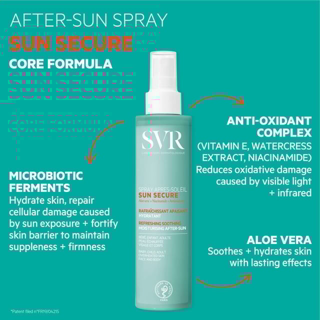 SVR Sun Secure Refreshing Soothing Moisturising Aftersun Spray - 200ml Revitalize your skin with SVR Sun Secure Refreshing Soothing Moisturising Aftersun Spray. This 200ml cooling mist is designed to soothe and hydrate your skin after sun exposure. Infused with nourishing niacinamide and calming aloe vera extract, it delivers instant relief and moisture, leaving your skin feeling soft, comfortable, and rejuvenated. Perfect for all skin types, simply shake well and apply generously to clean, dry skin on both face and body. Enjoy a refreshing burst of hydration after a day in the sun!