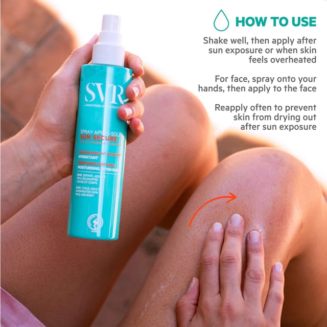 SVR Sun Secure Refreshing Soothing Moisturising Aftersun Spray - 200ml Revitalize your skin with SVR Sun Secure Refreshing Soothing Moisturising Aftersun Spray. This 200ml cooling mist is designed to soothe and hydrate your skin after sun exposure. Infused with nourishing niacinamide and calming aloe vera extract, it delivers instant relief and moisture, leaving your skin feeling soft, comfortable, and rejuvenated. Perfect for all skin types, simply shake well and apply generously to clean, dry skin on both face and body. Enjoy a refreshing burst of hydration after a day in the sun!