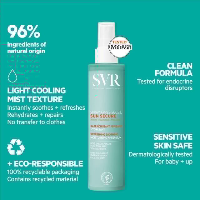 SVR Sun Secure Refreshing Soothing Moisturising Aftersun Spray - 200ml Revitalize your skin with SVR Sun Secure Refreshing Soothing Moisturising Aftersun Spray. This 200ml cooling mist is designed to soothe and hydrate your skin after sun exposure. Infused with nourishing niacinamide and calming aloe vera extract, it delivers instant relief and moisture, leaving your skin feeling soft, comfortable, and rejuvenated. Perfect for all skin types, simply shake well and apply generously to clean, dry skin on both face and body. Enjoy a refreshing burst of hydration after a day in the sun!