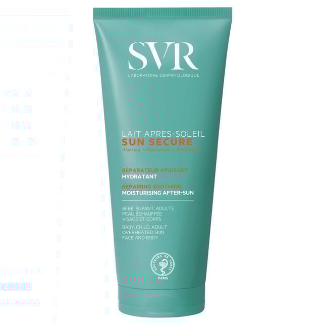 SVR Sun Secure Repairing Soothing Moisturising Aftersun Lotion 200ml Revitalize your skin after sun exposure with SVR Sun Secure Repairing Soothing Moisturising Aftersun Lotion. This luxurious lotion is designed for all skin types and ages, offering immediate relief from sunburn and intense hydration. Infused with nourishing niacinamide and soothing aloe vera extract, it helps your skin recover, leaving it feeling soft, calm, and refreshed. Ideal for post-sun care, simply apply generously to clean, dry skin on both your face and body for optimal results. Experience the ultimate comfort and hydration with this must-have aftersun product.