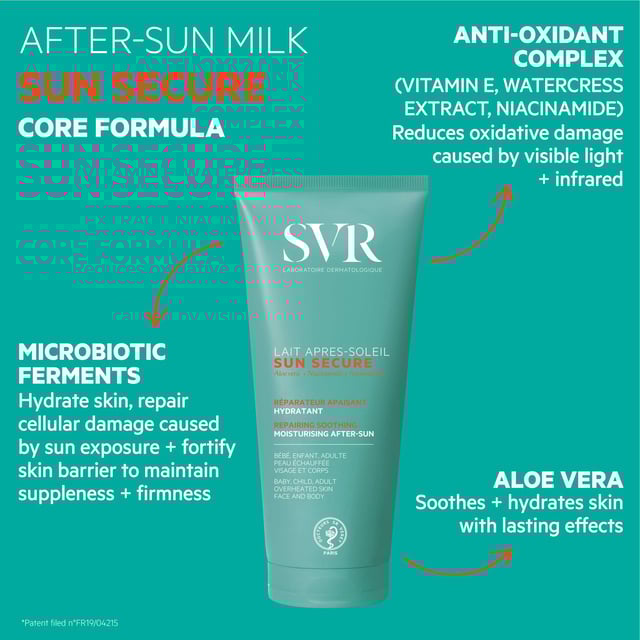 SVR Sun Secure Repairing Soothing Moisturising Aftersun Lotion 200ml Revitalize your skin after sun exposure with SVR Sun Secure Repairing Soothing Moisturising Aftersun Lotion. This luxurious lotion is designed for all skin types and ages, offering immediate relief from sunburn and intense hydration. Infused with nourishing niacinamide and soothing aloe vera extract, it helps your skin recover, leaving it feeling soft, calm, and refreshed. Ideal for post-sun care, simply apply generously to clean, dry skin on both your face and body for optimal results. Experience the ultimate comfort and hydration with this must-have aftersun product.