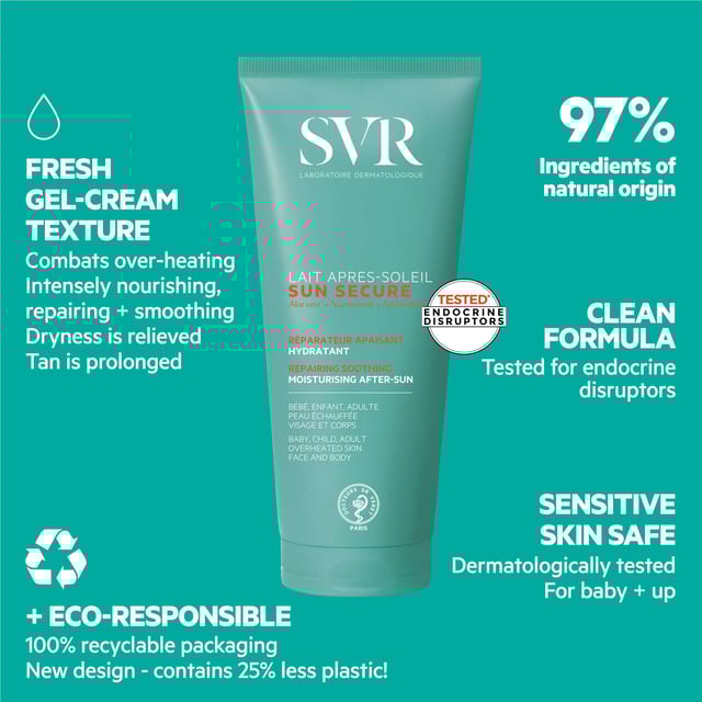SVR Sun Secure Repairing Soothing Moisturising Aftersun Lotion 200ml Revitalize your skin after sun exposure with SVR Sun Secure Repairing Soothing Moisturising Aftersun Lotion. This luxurious lotion is designed for all skin types and ages, offering immediate relief from sunburn and intense hydration. Infused with nourishing niacinamide and soothing aloe vera extract, it helps your skin recover, leaving it feeling soft, calm, and refreshed. Ideal for post-sun care, simply apply generously to clean, dry skin on both your face and body for optimal results. Experience the ultimate comfort and hydration with this must-have aftersun product.