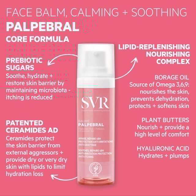 Nurture your sensitive skin with the SVR Palpebral Soothing Eczema Balm, specially formulated for delicate areas like the eye contour. This dermatologist-approved balm provides a soothing effect, deeply hydrates, and protects your skin from irritation, redness, and dryness. Crafted with a unique blend of 97% natural ingredients, it is rich in Omega 3, 6, and 9 to restore and strengthen your skin's natural barrier. Enjoy immediate and lasting relief for your skin's comfort. For best results, apply a small amount to clean, dry skin under the eye twice daily.