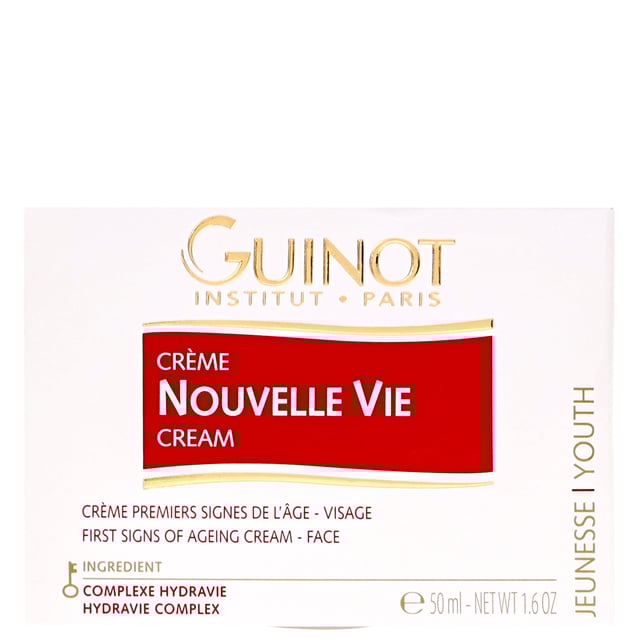 Revitalize your skin with Guinot Youth Nouvelle Vie Cream, a luxurious anti-aging moisturizer designed for mature skin. This 50ml cream visibly reduces signs of fatigue, leaving your complexion smooth, toned, and glowing. Enriched with the Hydravie Complex, it stimulates cell metabolism and strengthens your skin's architecture with powerful peptides and antioxidants like Vitamin E. The Hydrocyte Complex replenishes moisture and reduces dehydration lines, while Glucono-Delta-Lactone promotes cell renewal for a radiant finish. Apply morning and evening for best results.