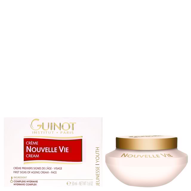 Revitalize your skin with Guinot Youth Nouvelle Vie Cream, a luxurious anti-aging moisturizer designed for mature skin. This 50ml cream visibly reduces signs of fatigue, leaving your complexion smooth, toned, and glowing. Enriched with the Hydravie Complex, it stimulates cell metabolism and strengthens your skin's architecture with powerful peptides and antioxidants like Vitamin E. The Hydrocyte Complex replenishes moisture and reduces dehydration lines, while Glucono-Delta-Lactone promotes cell renewal for a radiant finish. Apply morning and evening for best results.